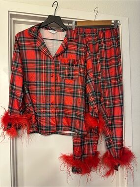 Bon Vivianne Red Plaid Feather-Trim Women's Pajama Set